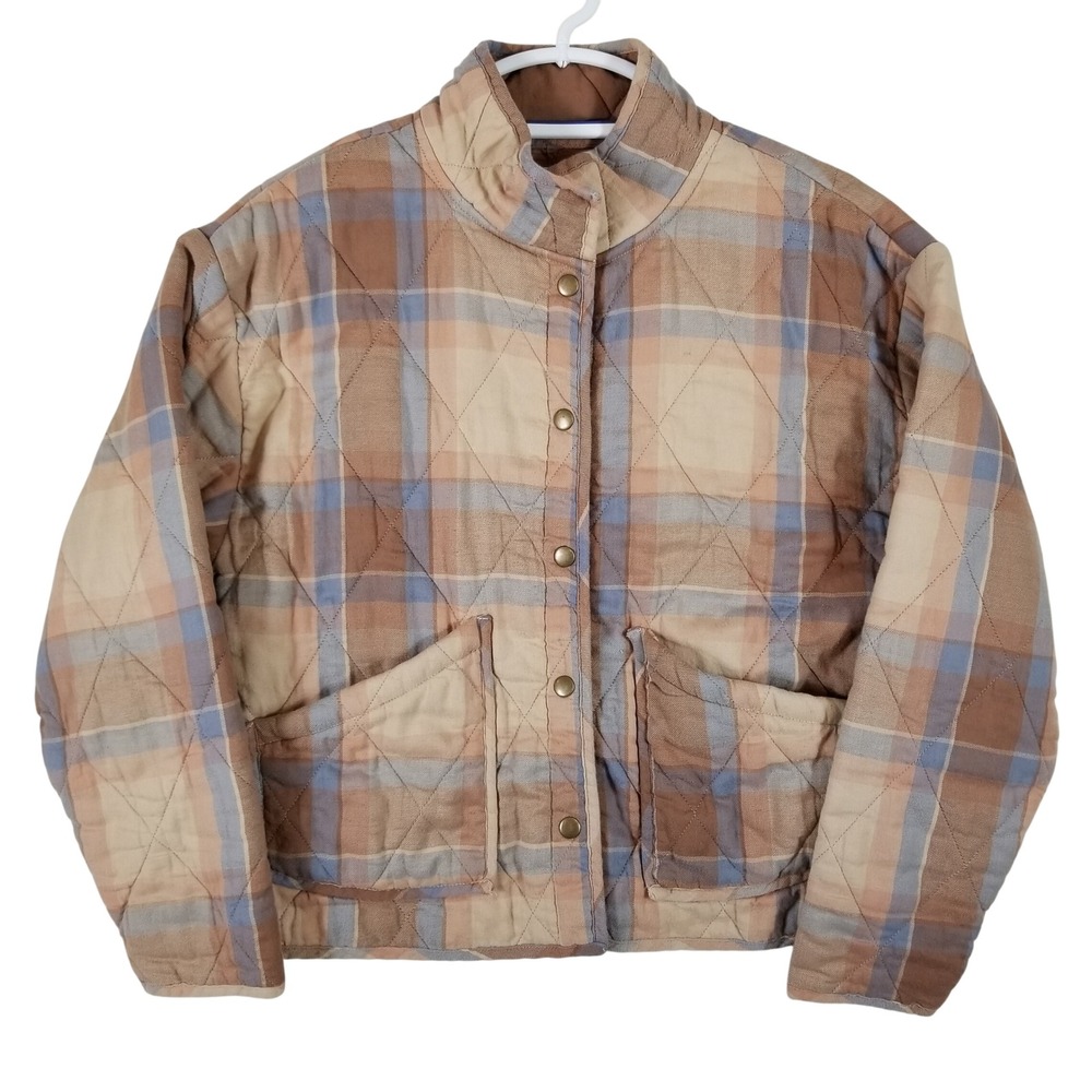 Z Supply Plaid Quilted Jacket Brown Tan Blue Snap Front Mock Neck ZJ233938E M